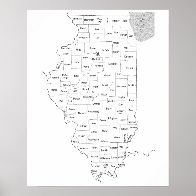 Póster Mapa de esquema del estado de Illinois con los con (Frente)