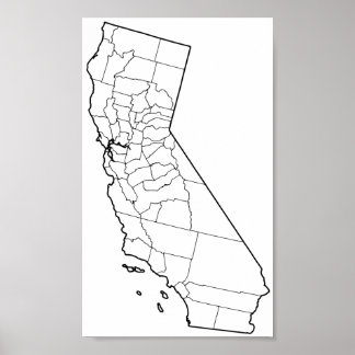 Póster Mapa de esquema en blanco de condados de Californi