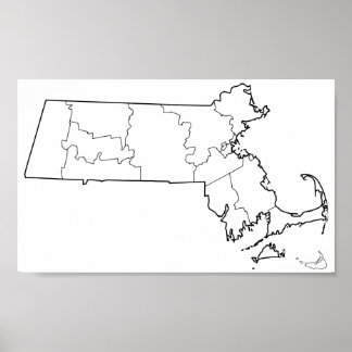 Póster Mapa de esquema en blanco de condados de Massachus