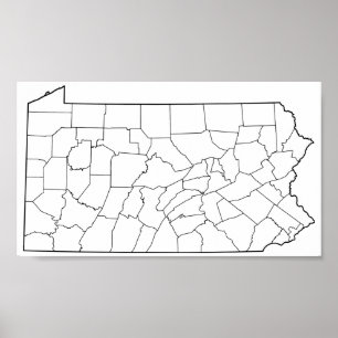 Póster Mapa de esquema en blanco de condados de Pennsylva
