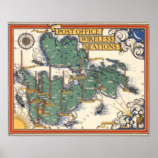 Póster Mapa de estaciones inalámbricas de correos, Gran B (Frente)