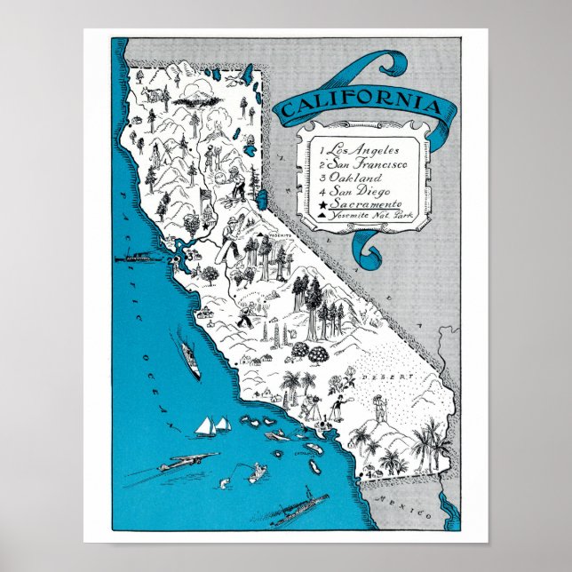Póster Mapa de estado de California de época Imprimir dec (Frente)