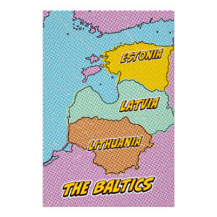 Póster Mapa de estados bálticos ilustrados de arte pop