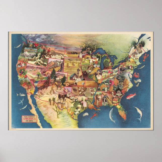Póster Mapa de Estados Unidos - Agricultura y Agricultura (Frente)