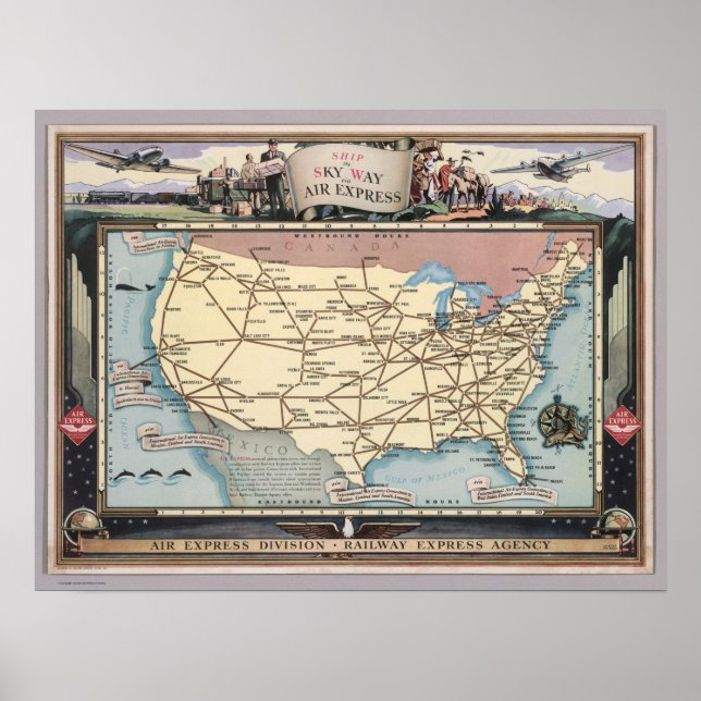 Póster Mapa de Estados Unidos envía el Skyway vía Air Exp (Frente)