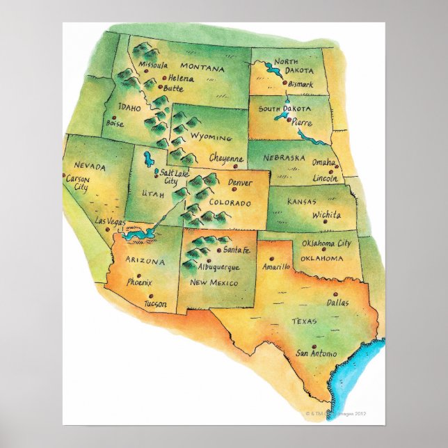 Póster Mapa de Estados Unidos Occidental (Frente)