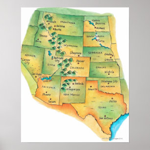 Póster Mapa de Estados Unidos occidentales