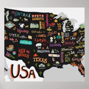 Póster Mapa de Estados Unidos: Poster ilustrado