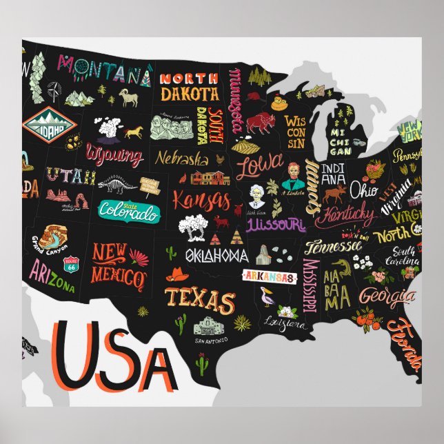 Póster Mapa de Estados Unidos: Poster ilustrado (Frente)