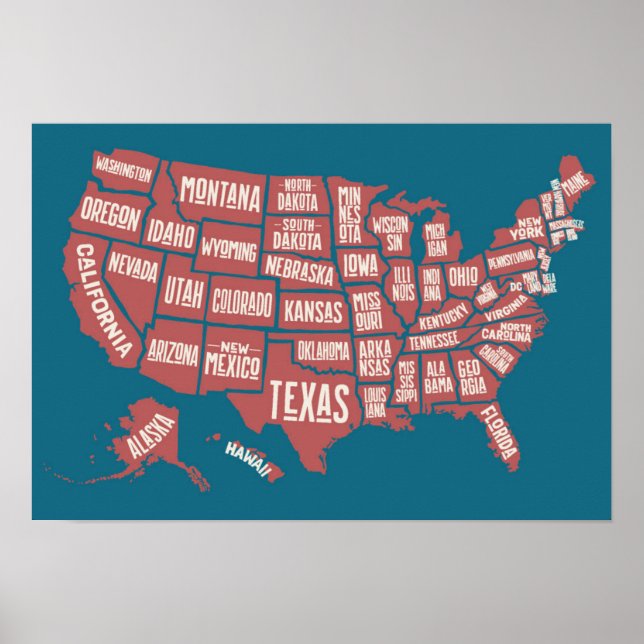 Póster Mapa de Estados Unidos | Tipografía (Frente)