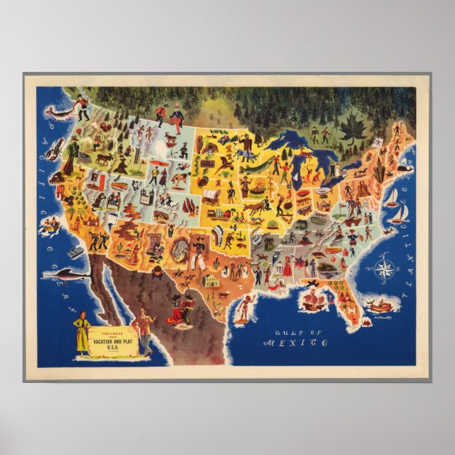 Póster Mapa de Estados Unidos - Vacaciones y juego (Frente)