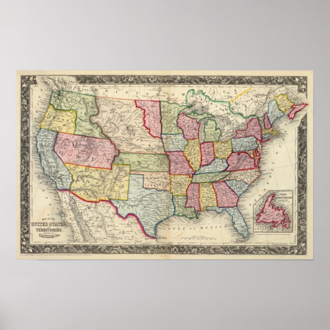 Póster Mapa De Estados Unidos, Y Territorios (Frente)