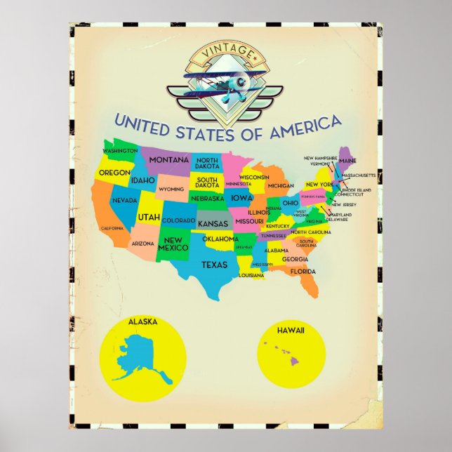 Póster Mapa de estilo vintage de Estados Unidos (Frente)