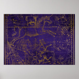 Póster Mapa de estrellas vintage ilustrado púrpura y dora