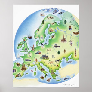 Póster Mapa de Europa con los ilustraciones de famoso
