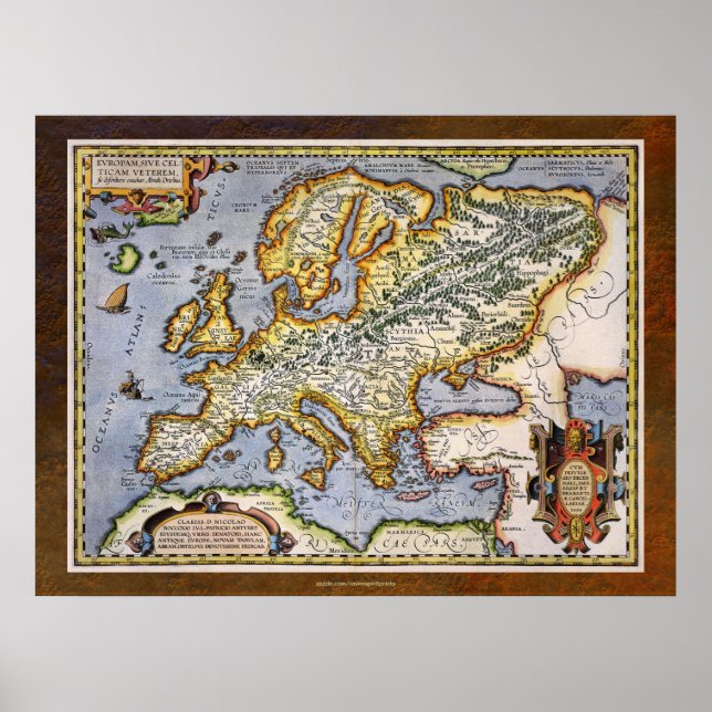 Póster Mapa de Europa de 1595 por la cartografía de Abrah (Frente)