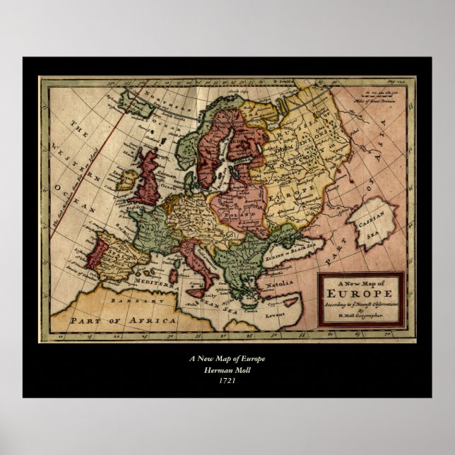 Póster Mapa de Europa de 1721 de Herman Moll (Frente)