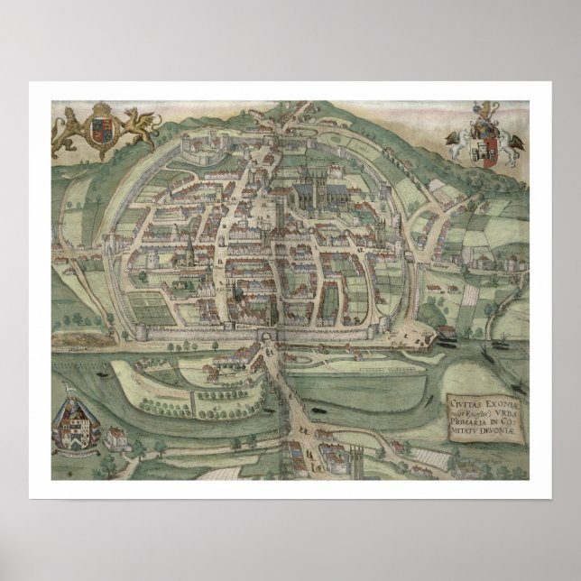 Póster Mapa de Exeter, de 'Civitates Orbis Terrarum' por (Frente)