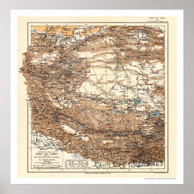 Póster Mapa de Expedición de Tibet Hedin 1909 (Frente)