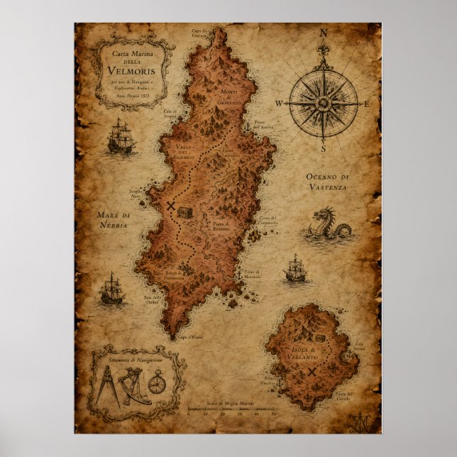 Póster Mapa de fantasía antiguo — Isla de Velmoris (Frente)