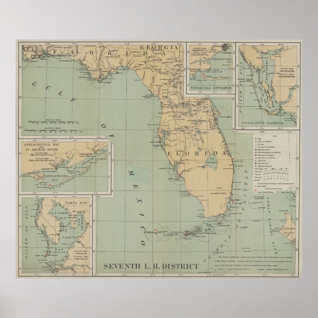 Póster Mapa de faro de época de Florida (1898) (Frente)
