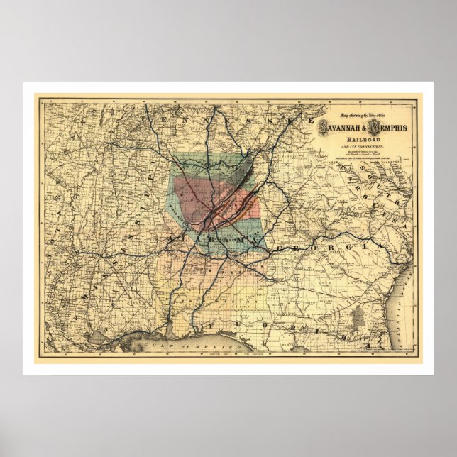 Póster Mapa de Ferrocarriles de Savannah y Memphis 1872 (Frente)