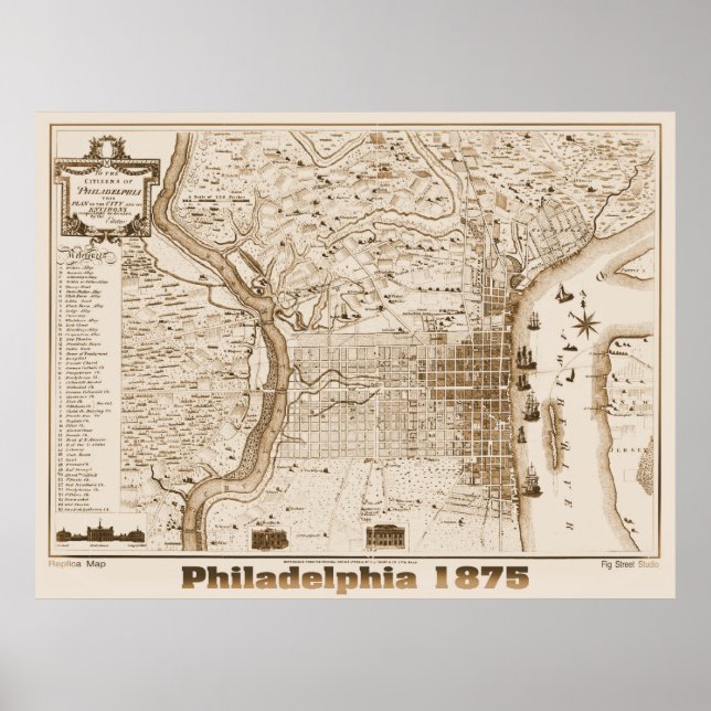 Póster Mapa de Filadelfia 1875, réplica (Frente)