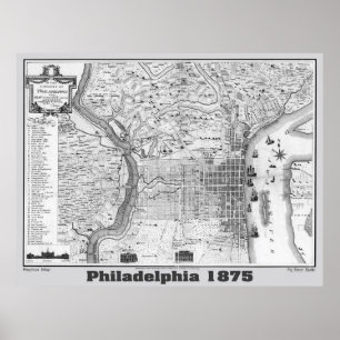 Póster Mapa de Filadelfia 1875, Replica Gris