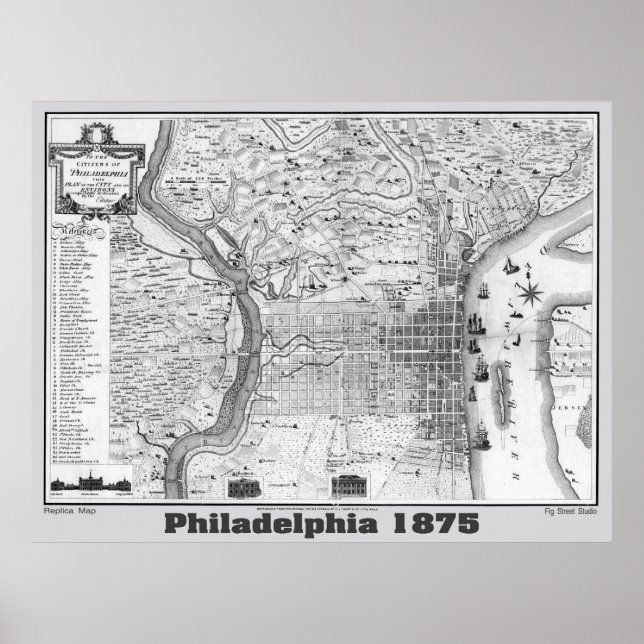 Póster Mapa de Filadelfia 1875, Replica Gris (Frente)