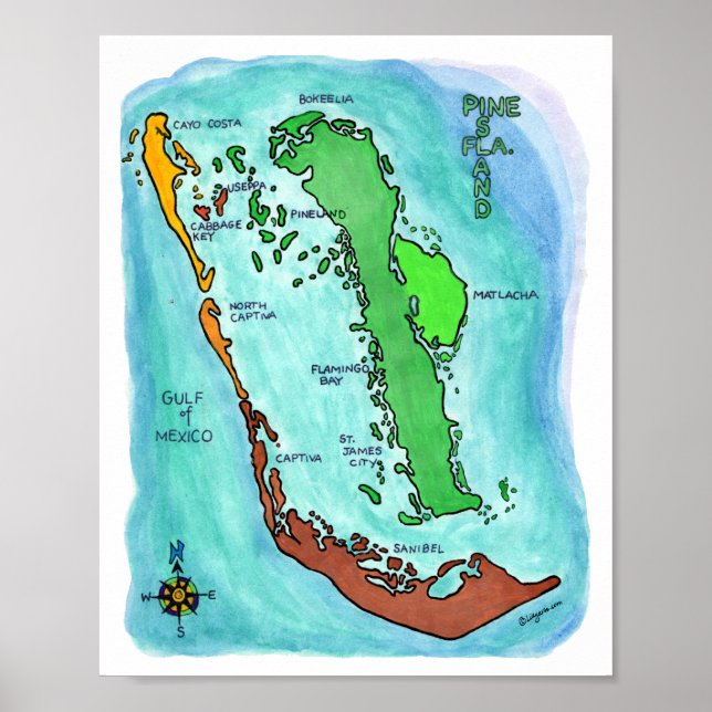 Póster Mapa de Florida de las Islas Sanibel Captiva (Frente)