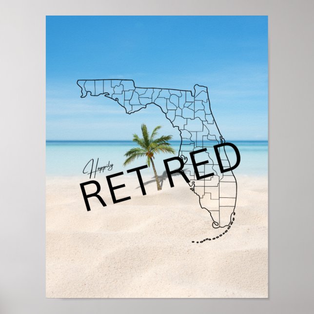 Póster Mapa de Florida felizmente retirado y palmera trop (Frente)