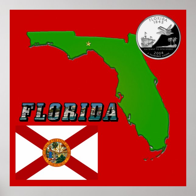 Póster Mapa de Florida, Texto de imágenes y Faux Quarter  (Frente)