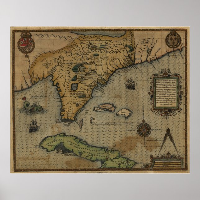 Póster Mapa de Florida y Cuba de 1591 (Frente)