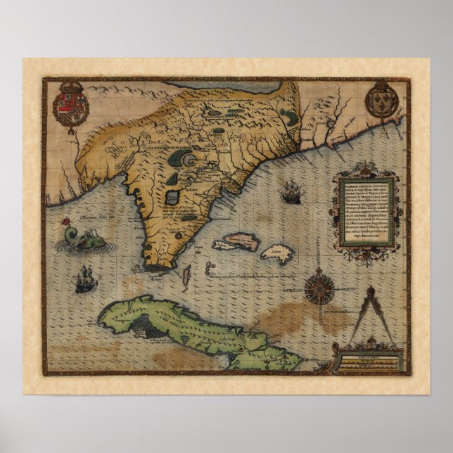 Póster Mapa de Florida y el Caribe (1588) (Frente)