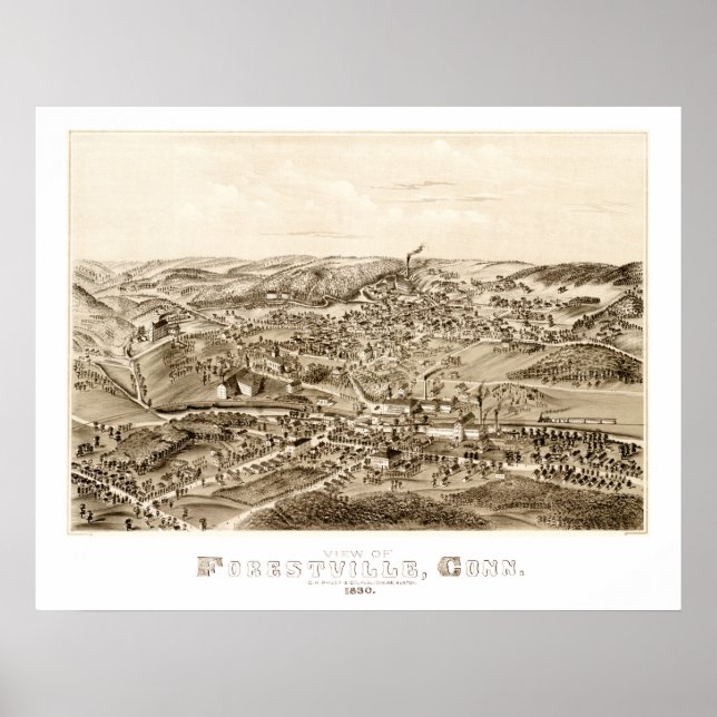 Póster Mapa de Forestville, CT de 1880 (Frente)