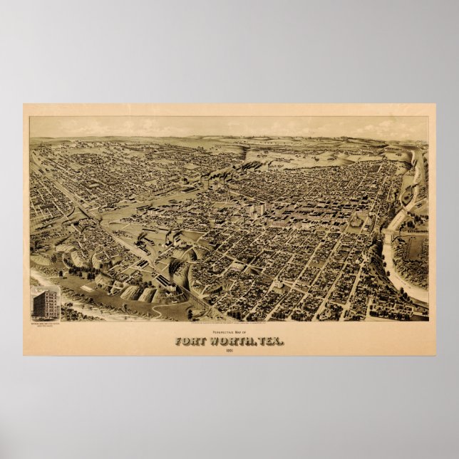 Póster Mapa de Fort Worth de 1891, Texas Birds Eye View (Frente)