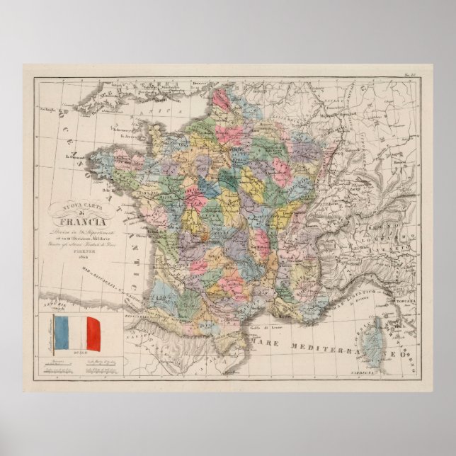 Póster Mapa de Francia de época (1842) (Frente)