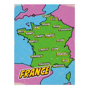 Póster Mapa de Francia ilustrado con Pop Art
