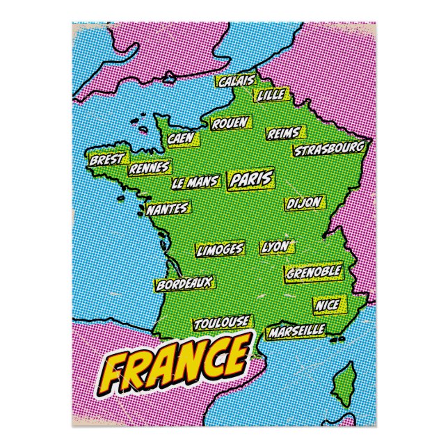 Póster Mapa de Francia ilustrado con Pop Art (Anverso)