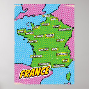 Póster Mapa de Francia ilustrado con Pop Art