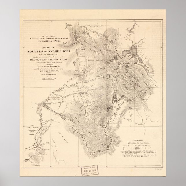 Póster Mapa de fuentes del río Wyoming Idaho en los años  (Frente)