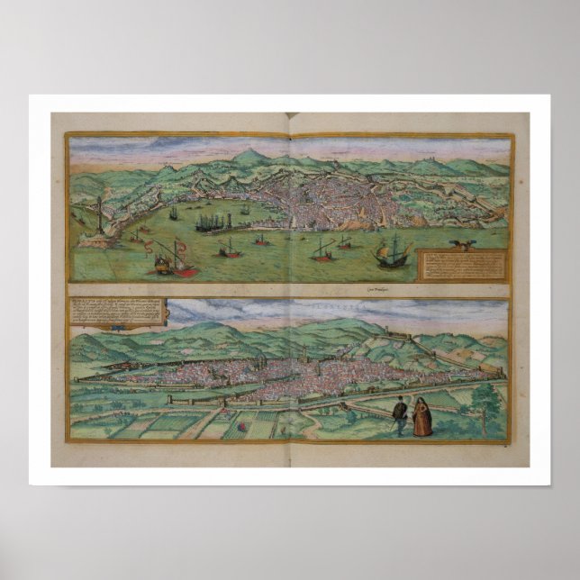 Póster Mapa de Génova y Florencia, de 'Civitates Orbis T (Frente)