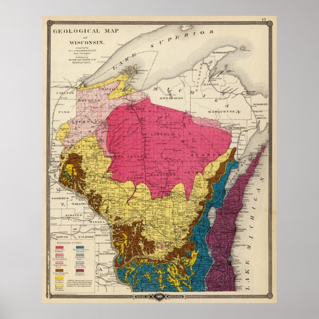 Póster Mapa de geología de Wisconsin (1878) (Frente)
