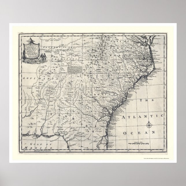 Póster Mapa de Georgia y Carolinas por Bowen 1752 (Frente)