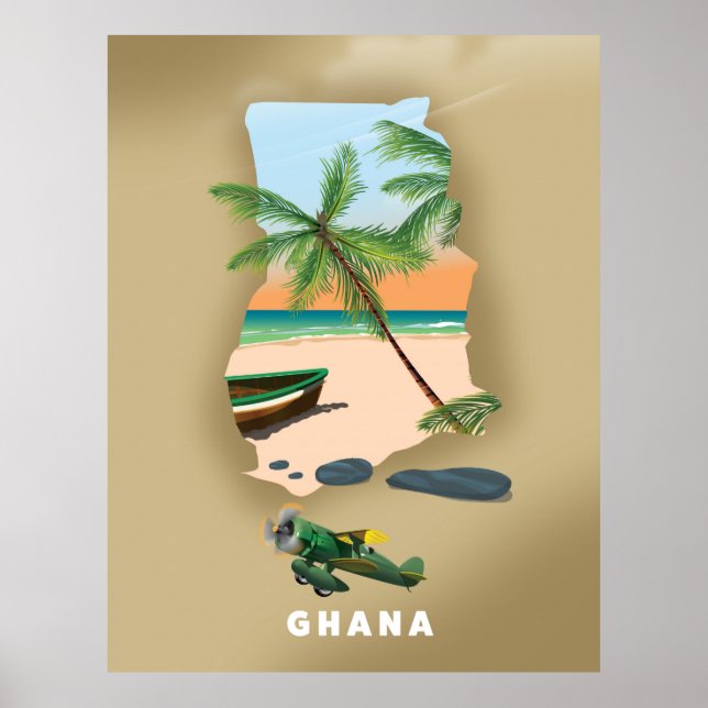 Póster Mapa de Ghana ilustrado afiche de viajes. (Frente)