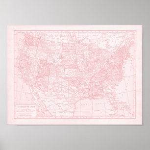 Póster Mapa de Girly Pink de los Estados Unidos de Améric