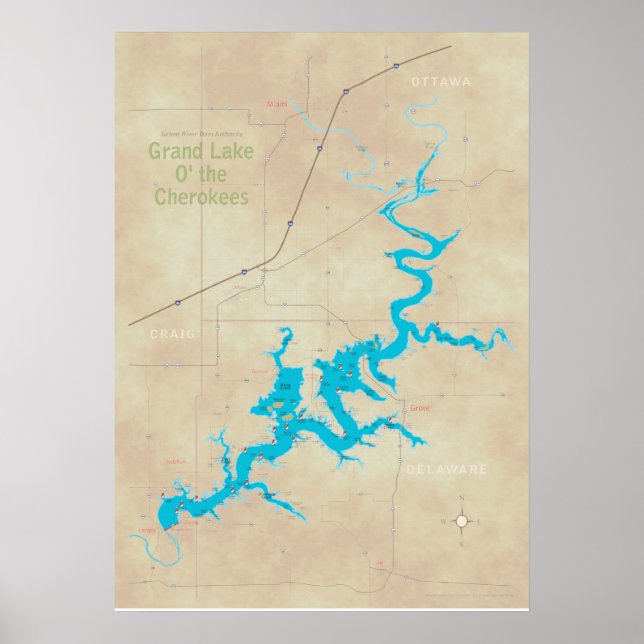 Póster Mapa de Grand Lake OK tan 21 Poster (Frente)
