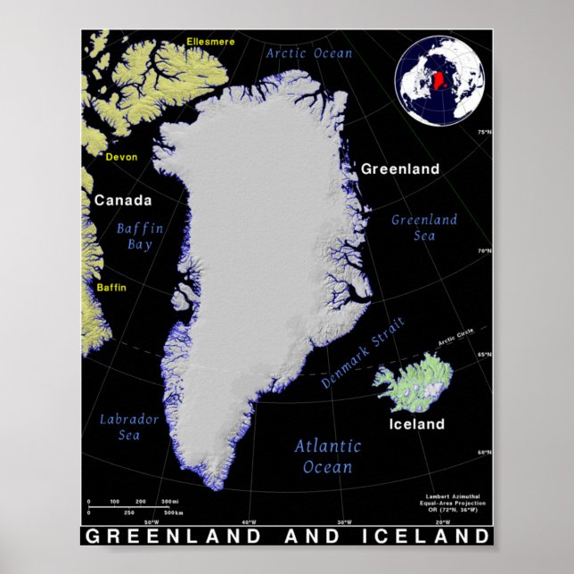 Póster Mapa de Groenlandia e Islandia (Frente)