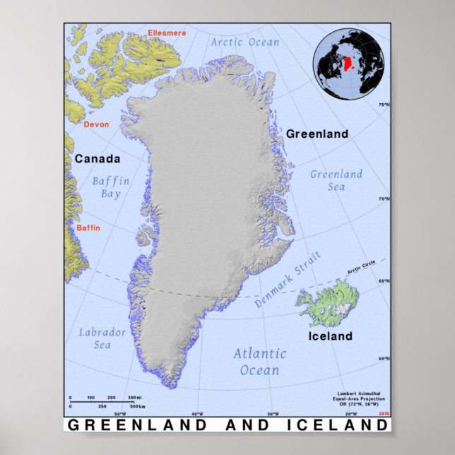 Póster Mapa de Groenlandia e Islandia (Frente)