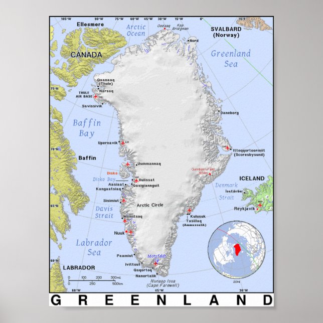 Póster Mapa de Groenlandia sin hielo (Frente)
